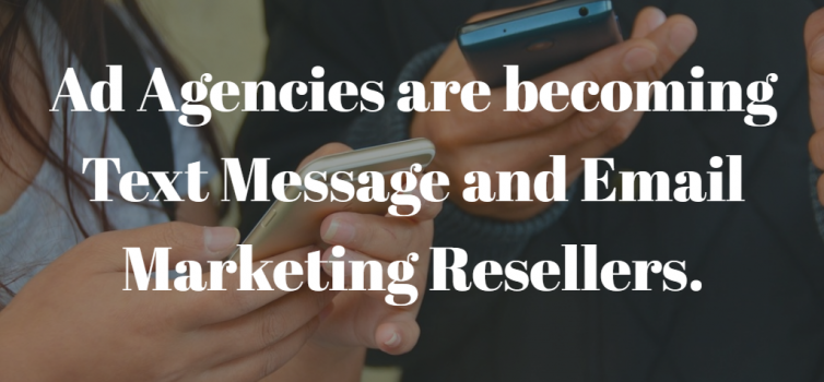 Text Message and Email Marketing Resellers two indivuals interacting with their smart phones. There white lettering overlayed with the title Ad Agencies are becoming Text Message and Email Marketing Resellers