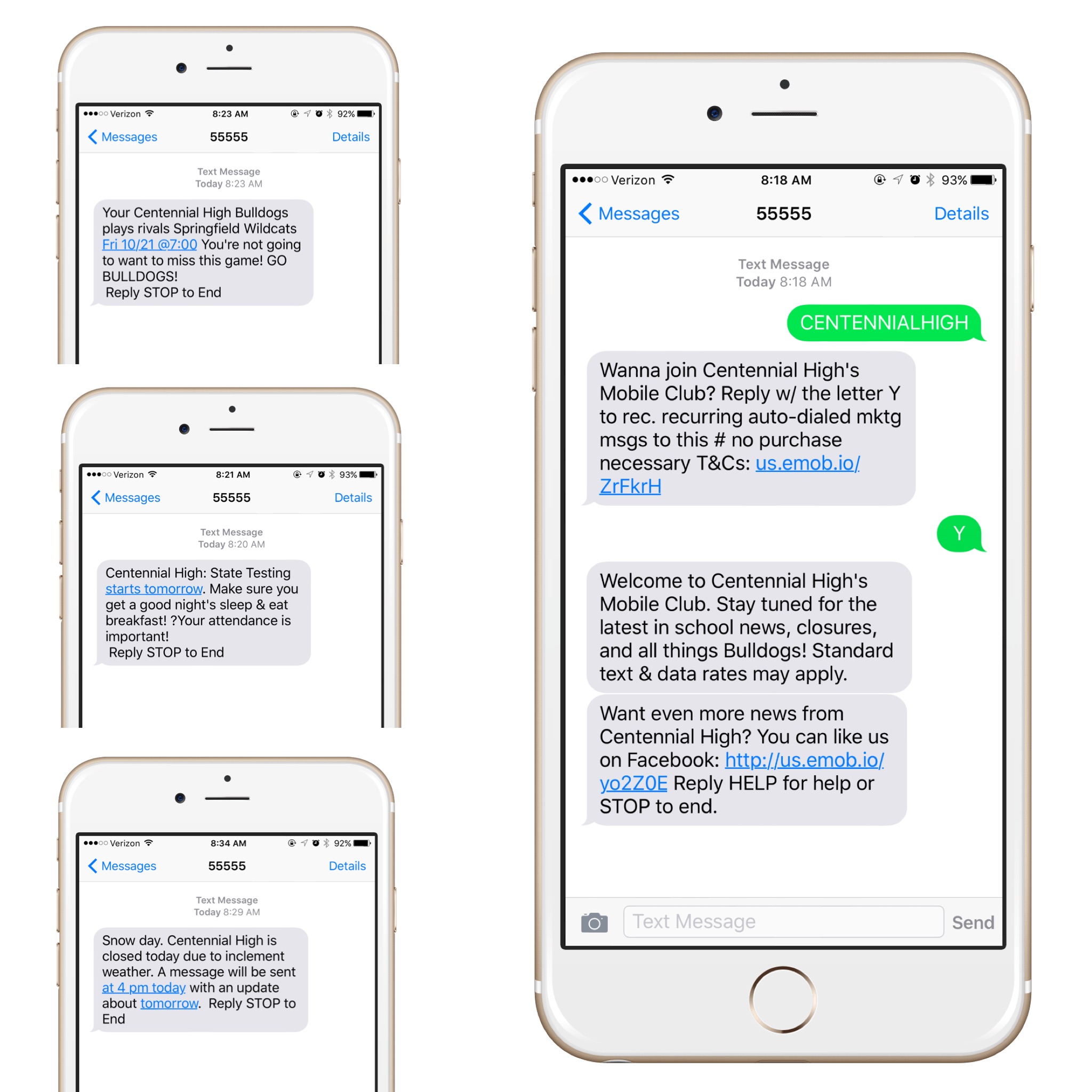 4 screen shots of iphones showing 4 different marketing text messages sent from SMS marketing software