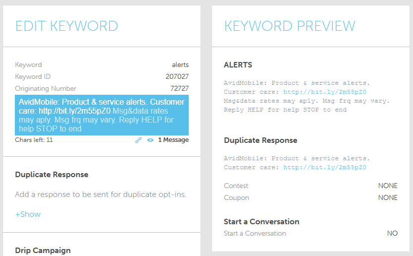 Keyword creation inside of an SMS Application