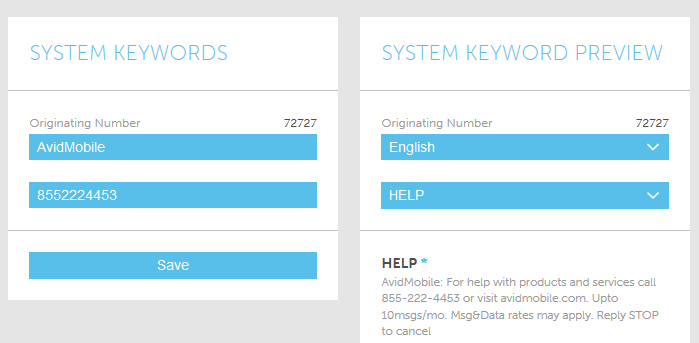 Screenshot of System Keywords in the AvidMobile SaaS Mobile Marketing Application